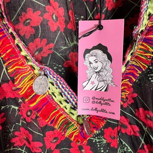 NEW! Dolly's D-Lite Custom Long Sleeve V Neck Micro Mini Dress L Floral Fringe - Picture 10 of 12